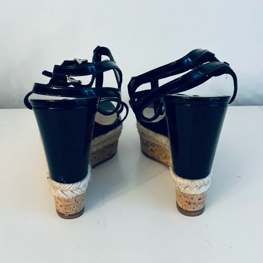 Via Spiga Patent Leather Wedge Platform Sandals Espadrille Cork Sole, Black, 9